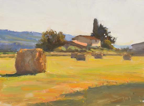 daily painting titled Hay bales, evening light