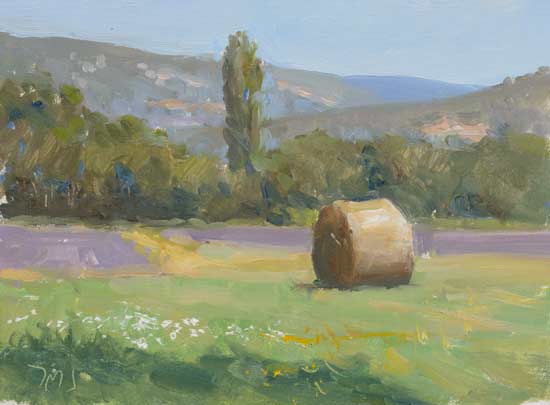 daily painting titled Haybales and lavender fields