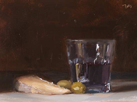 daily painting titled Wine, cheese and olives