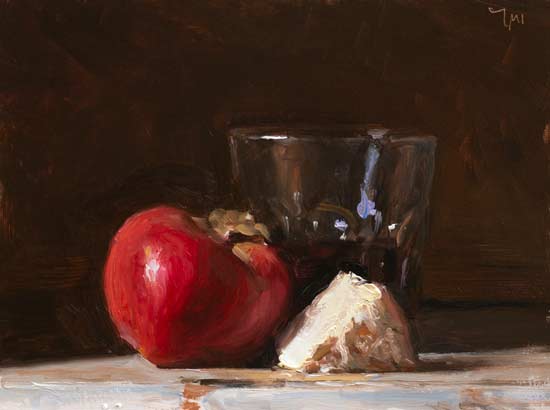 daily painting titled Apple, cheese and wine