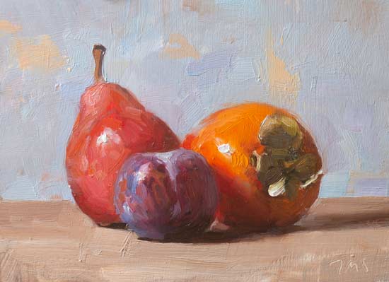 daily painting titled Plum, kaki and pear