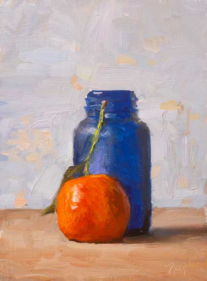 daily painting titled Clementine and blue bottle