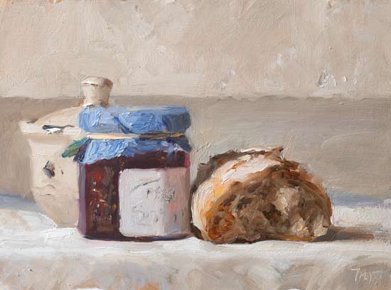 daily painting titled Fig jam with bread and sugar bowl