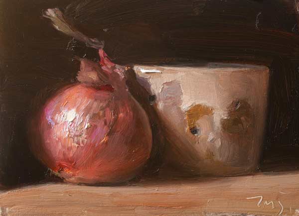 daily painting titled Onion rose and faiselle pot
