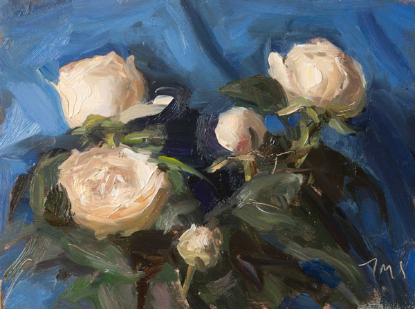 daily painting titled White roses and blue