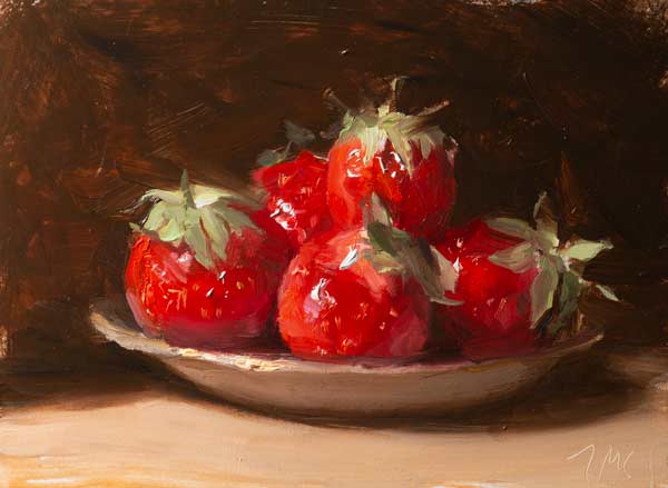 daily painting titled Strawberries on a gold rimmed saucer