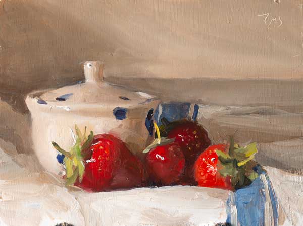 daily painting titled Strawberries and sugar bowl