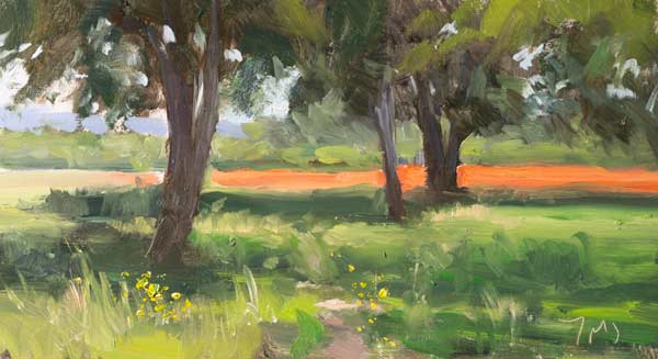 daily painting titled Poppy field through woodland
