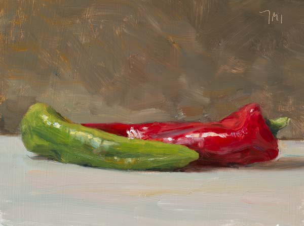 daily painting titled Red and green peppers