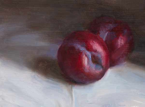 daily painting titled Plums on a white cloth