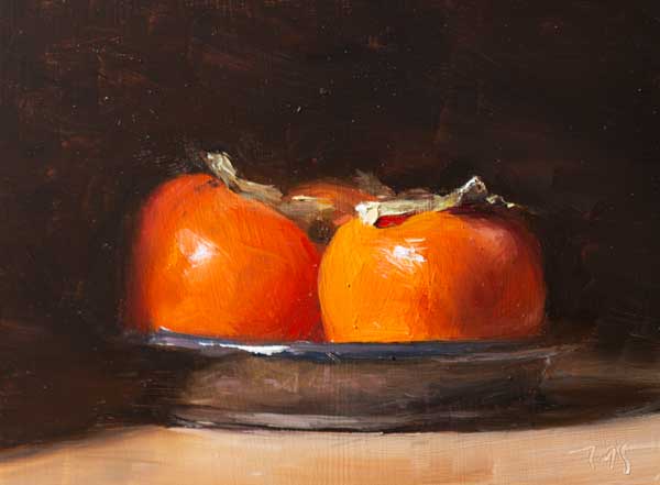 daily painting titled Persimmons on a pewter dish
