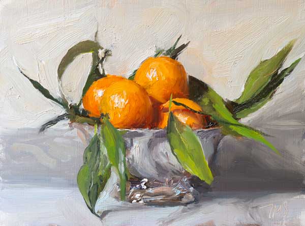 daily painting titled Clementines in a silver bowl