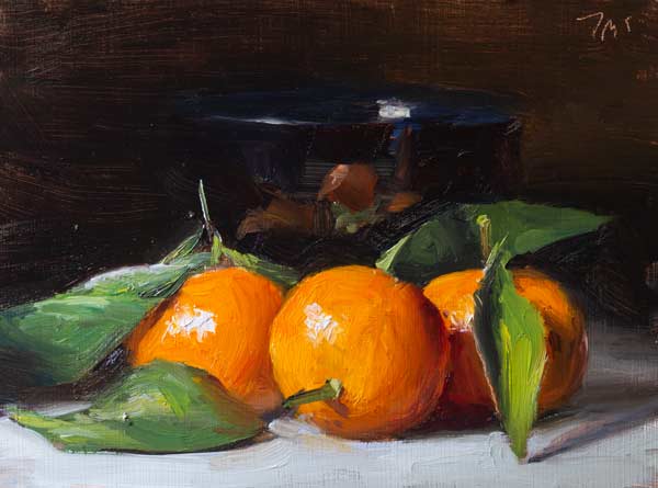 daily painting titled Clementines and black and blue bowl