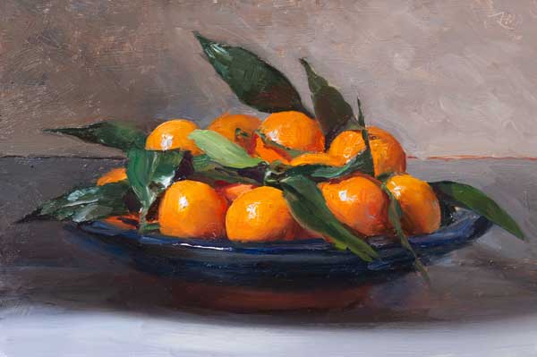 daily painting titled Clementines in a blue bowl