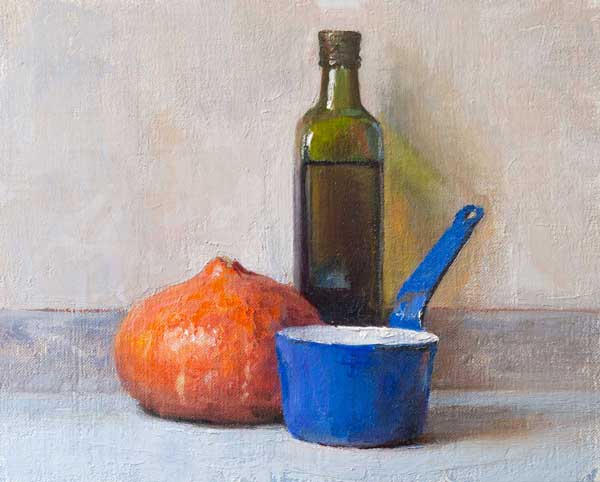 daily painting titled Still life with pumpkin, olive oil and blue enamel pan