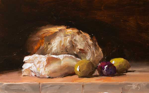 daily painting titled Bread, cheese and olives