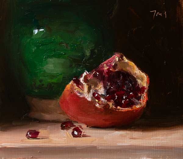 daily painting titled Pomegranate and provenÃ§al vase