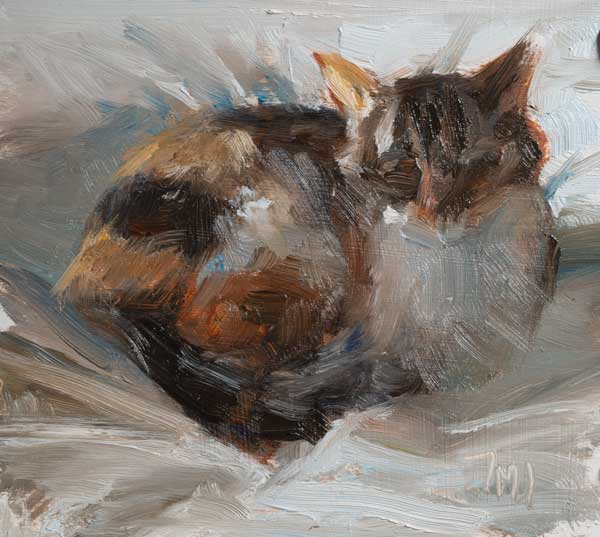 daily painting titled Pumpkin (Louis' kitten) on the bed