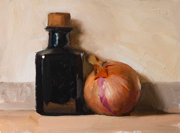 daily painting titled Roscoff onion and bottle