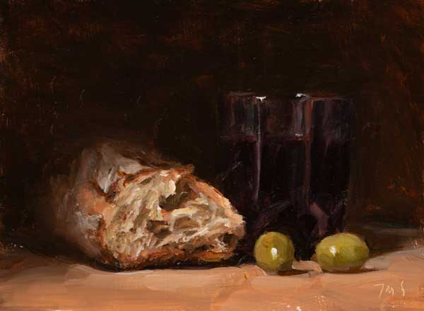 daily painting titled Bread, wine and olives