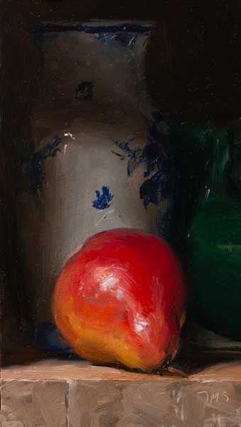 daily painting titled Pear and Delft vase