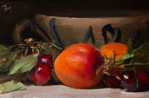 daily painting titled Apricots, cherries  and cup