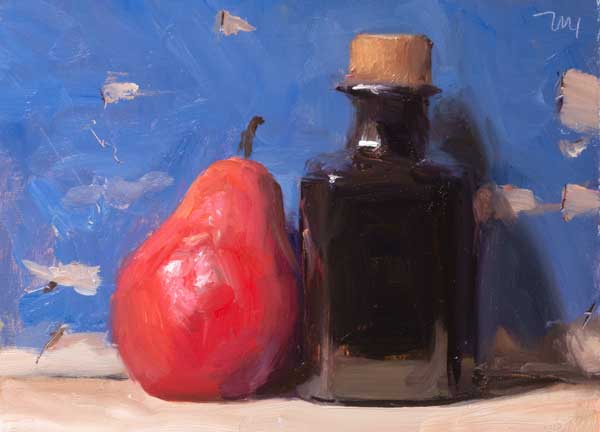 daily painting titled Pear and bottle on blue