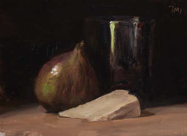 daily painting titled Green fig, cheese and wine