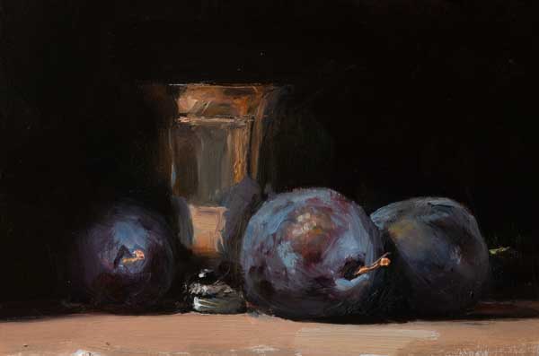 daily painting titled Blue plums and silver goblet