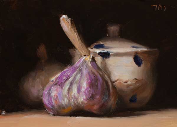 daily painting titled Salt pot and garlic heads 
