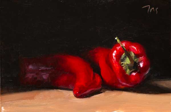 daily painting titled Cornes de boeuf (two red peppers)