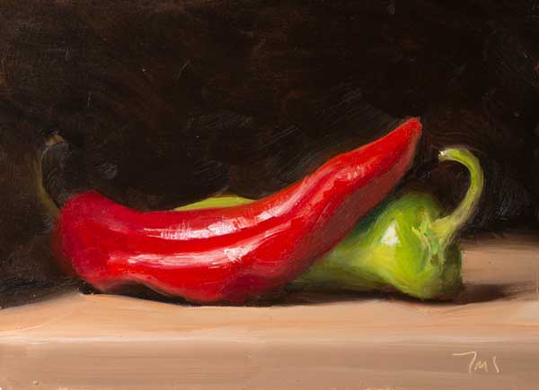 daily painting titled Peppers (red and green)