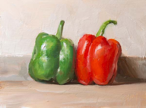daily painting titled Red and green bell peppers
