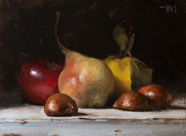 daily painting titled Apple, pear and quince with sweet chestnuts