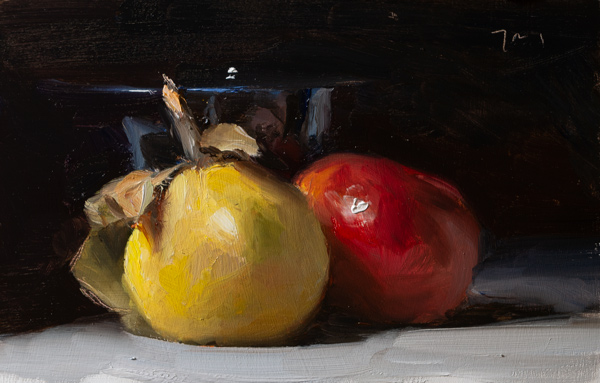 daily painting titled Apple, quince and black bowl
