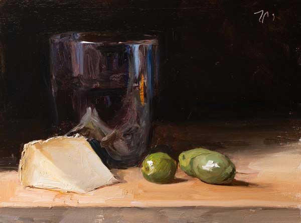 daily painting titled Cheese, wine and  olives