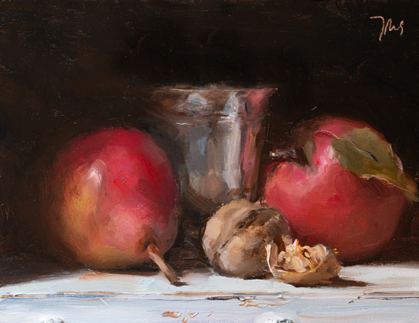 daily painting titled Apple, pear and walnuts with silver cup