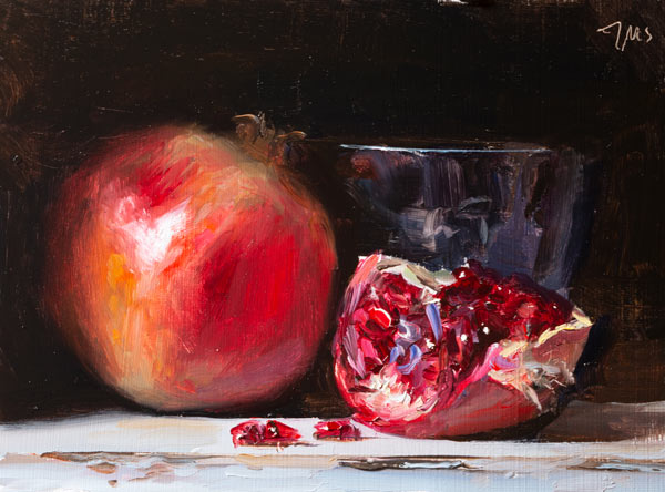 daily painting titled Pomegranates and black bowl