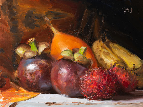 daily painting titled Still life with tropical fruits (RÃªves de voyage)
