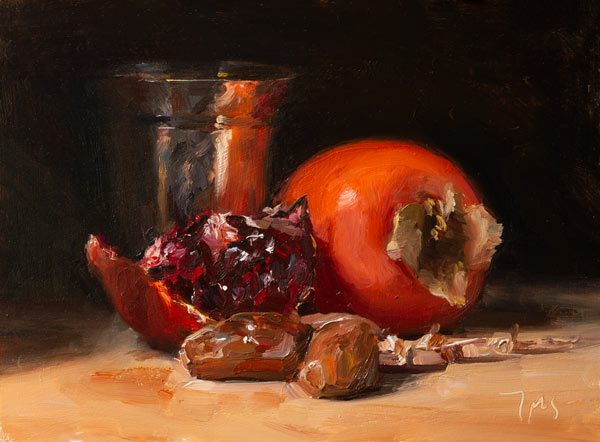 daily painting titled Dates, pomegranate and persimmon with silver cup