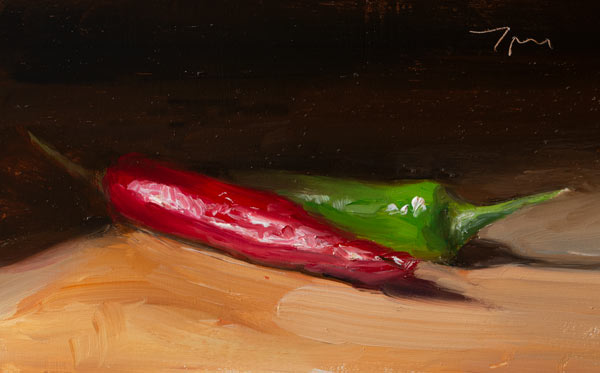 daily painting titled Red and green peppers