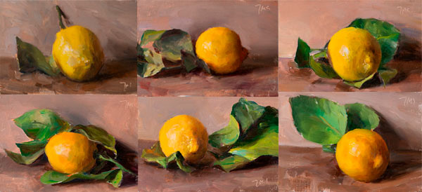 daily painting titled A series of six lemons