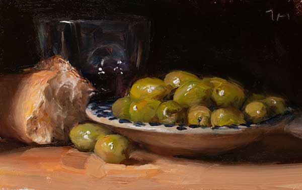 daily painting titled Olives with bread and wine