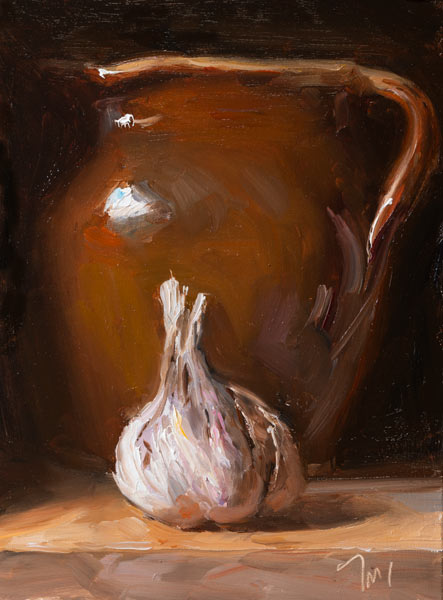 daily painting titled Garlic and brown jug