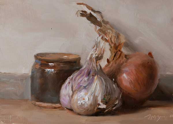 daily painting titled Garlic, salt pot and onion