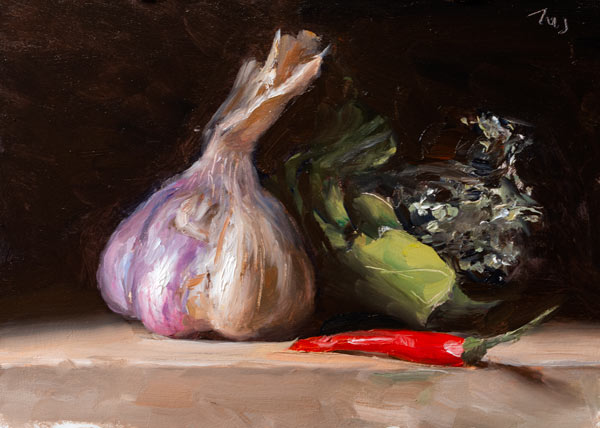 daily painting titled Garlic, chilli pepper and herbs