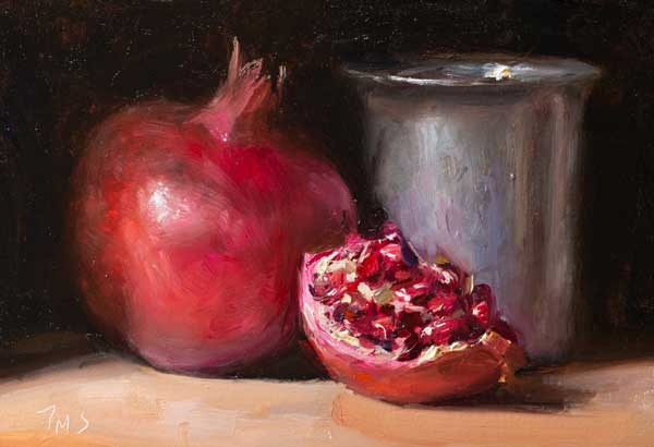 daily painting titled Pomegranate and pewter cup