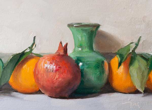 daily painting titled Pomegranate and oranges with a green vase