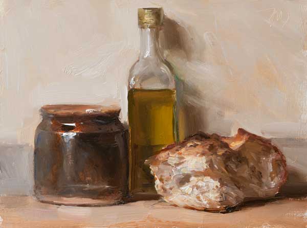 daily painting titled Truffle oil, salt pot and bread