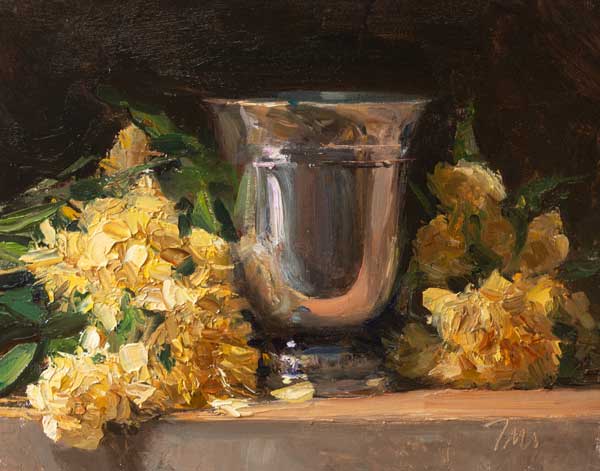 daily painting titled lady Banks' rose and silver goblet